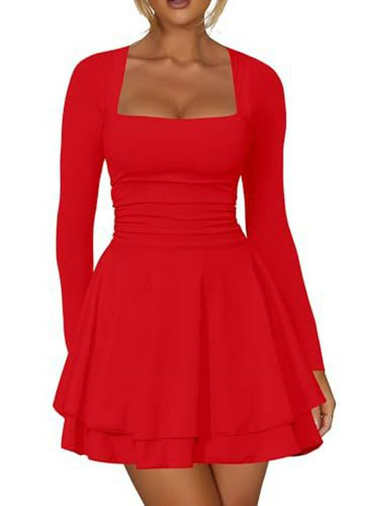 European & American Women's Square Neck Long Sleeve Slim Fit Short Dress - Beach Vacation Style
