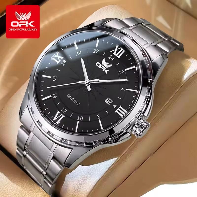 OPK Men's Retro 40mm Stainless Steel Belt Silver Black Quartz Watch Simple Sport Fashion Style with Luminous Calendar Waterproof