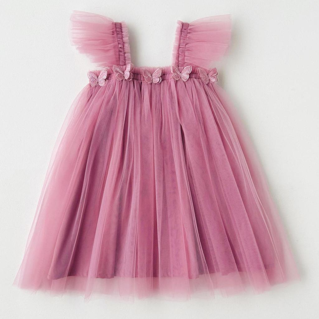 Double-Layer Butterfly Mesh Sweet Girl Strapless Fly-Sleeve Summer Puffy Princess Dress