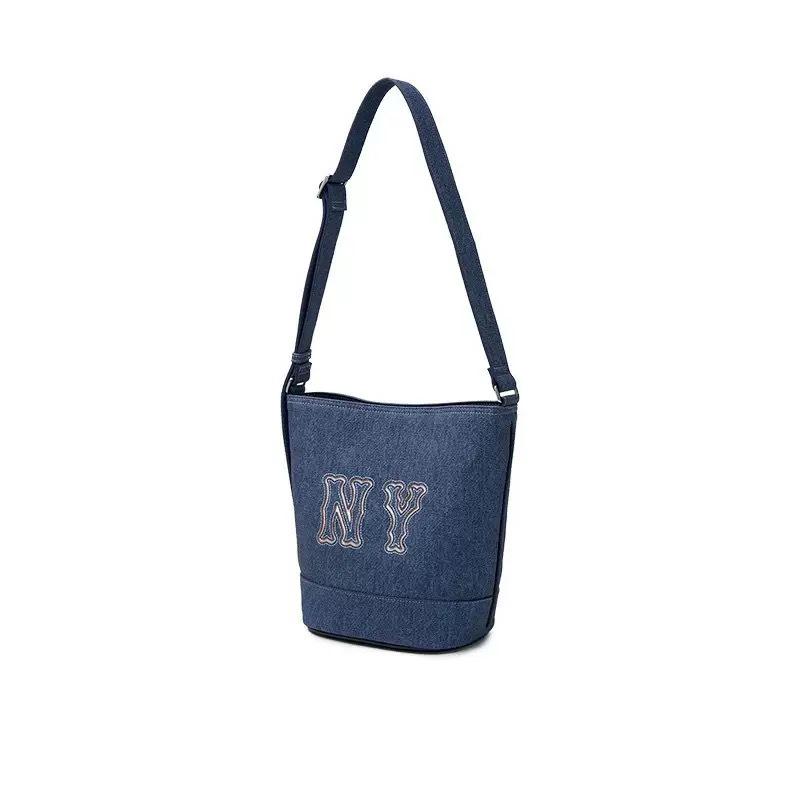 MLB25 Korea Denim Patchwork Bucket Handbag with Adjustable Shoulder Strap for Men and Women