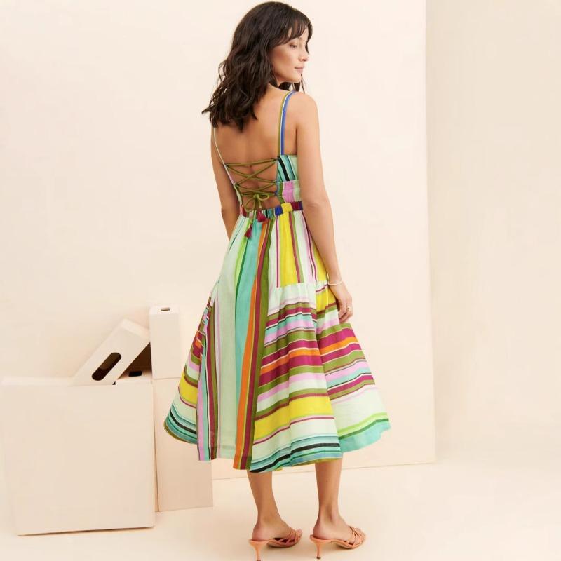 Damen Gestreiftes Neckholderkleid Böhmisches Urlaubs-Neckholder-Taschen-Strand-Swingkleid