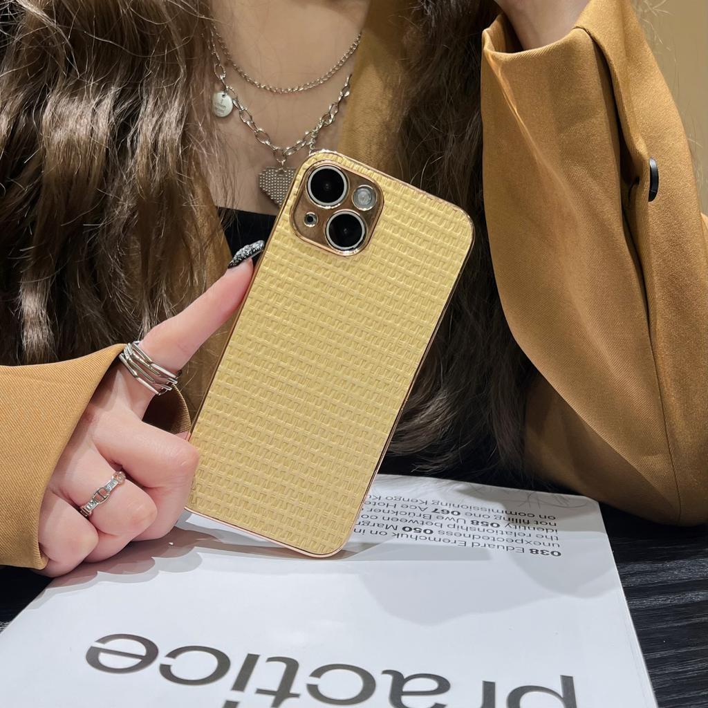 Niche Woven Leather Pattern Is Suitable for iPhone16Pro Max Apple 15 Mobile Phone Case 13/14 Electroplating Simple Solid Color