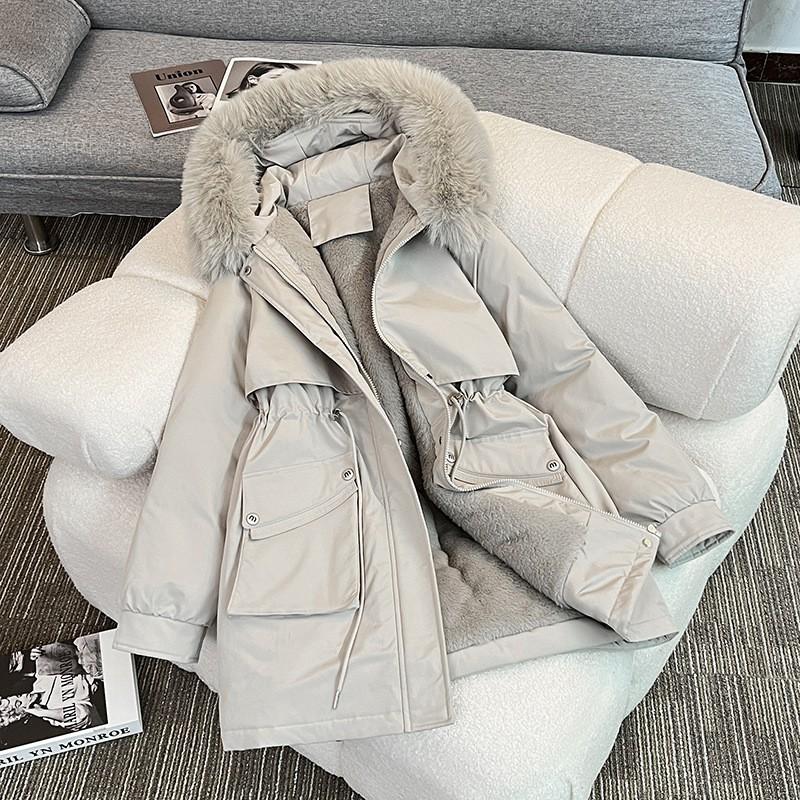 Womens Winter Thick Padded Coat Mid-Length Loose Fit Casual Commute Style With Faux Fur Hood