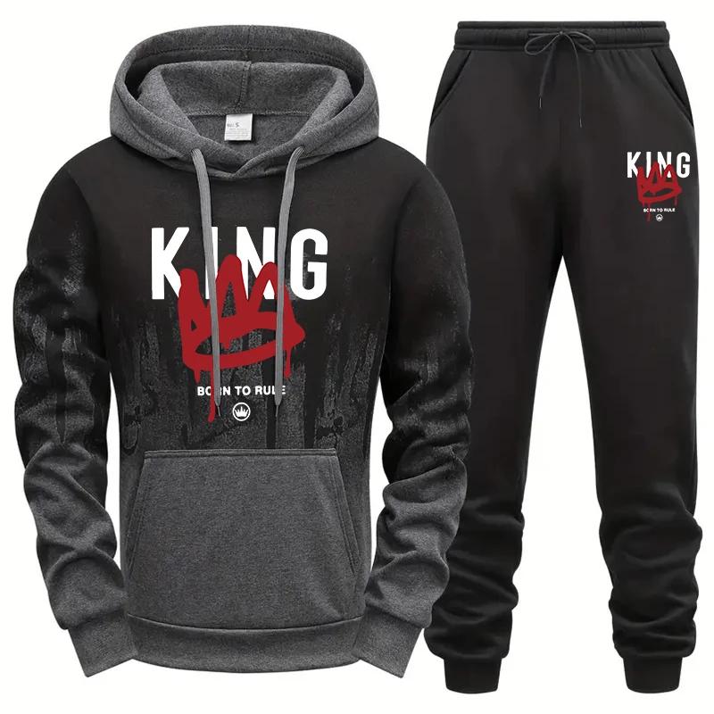 King Printing Mens Tracksuit Casual Sweatshirt Sweatpants 2 Pcs Set Sports Jogging Mens Clothing Splash-ink Hoodies Suit Street