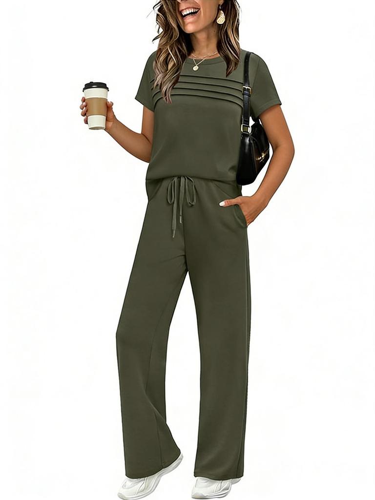 2026 New Spring-Summer Women's Casual Set: Short Sleeve Top & Wide Leg Long Pants