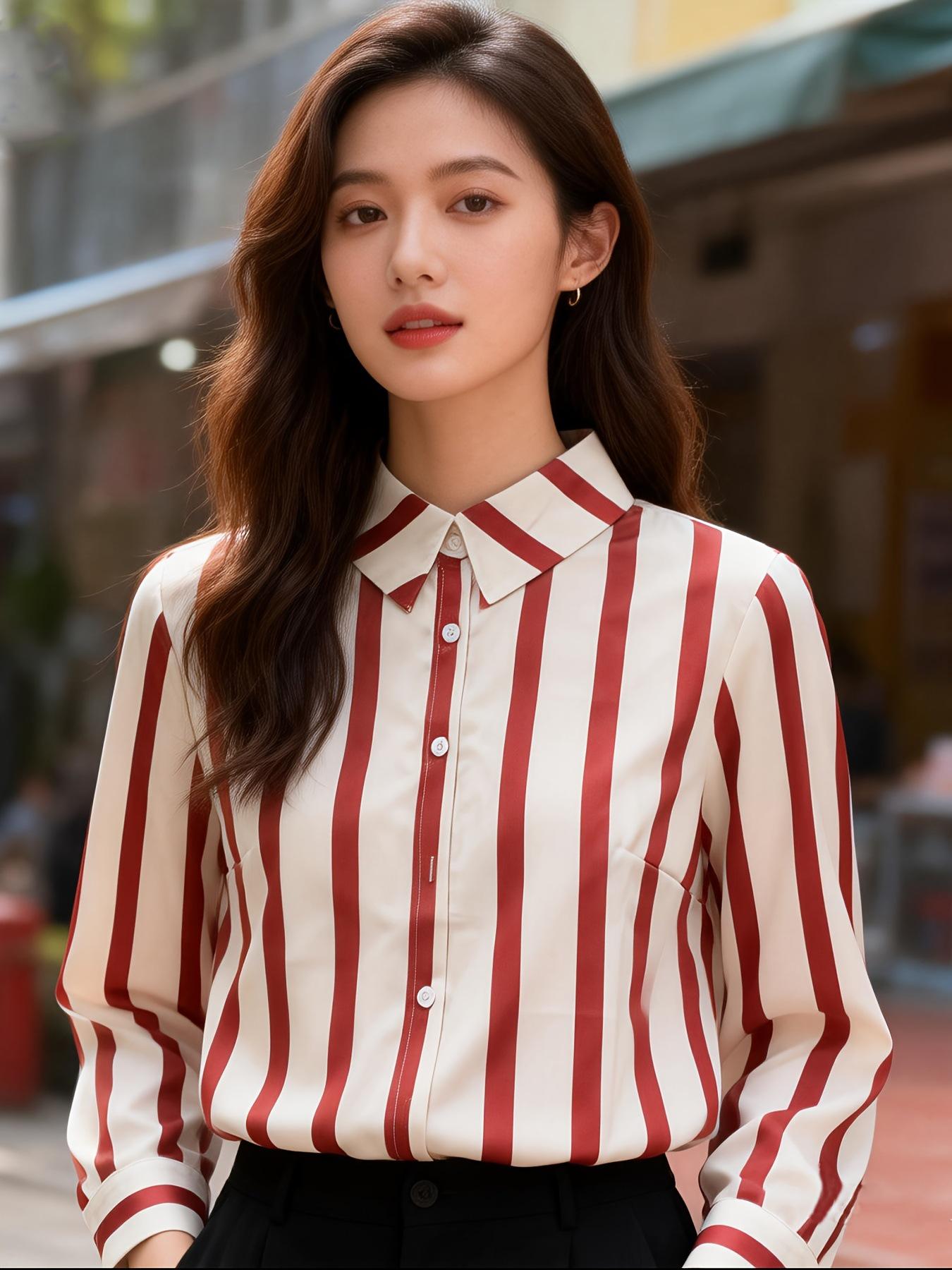 2026 Spring/Summer Women s Striped Long-Sleeve Lapel Shirt - Loose Fit 2XL