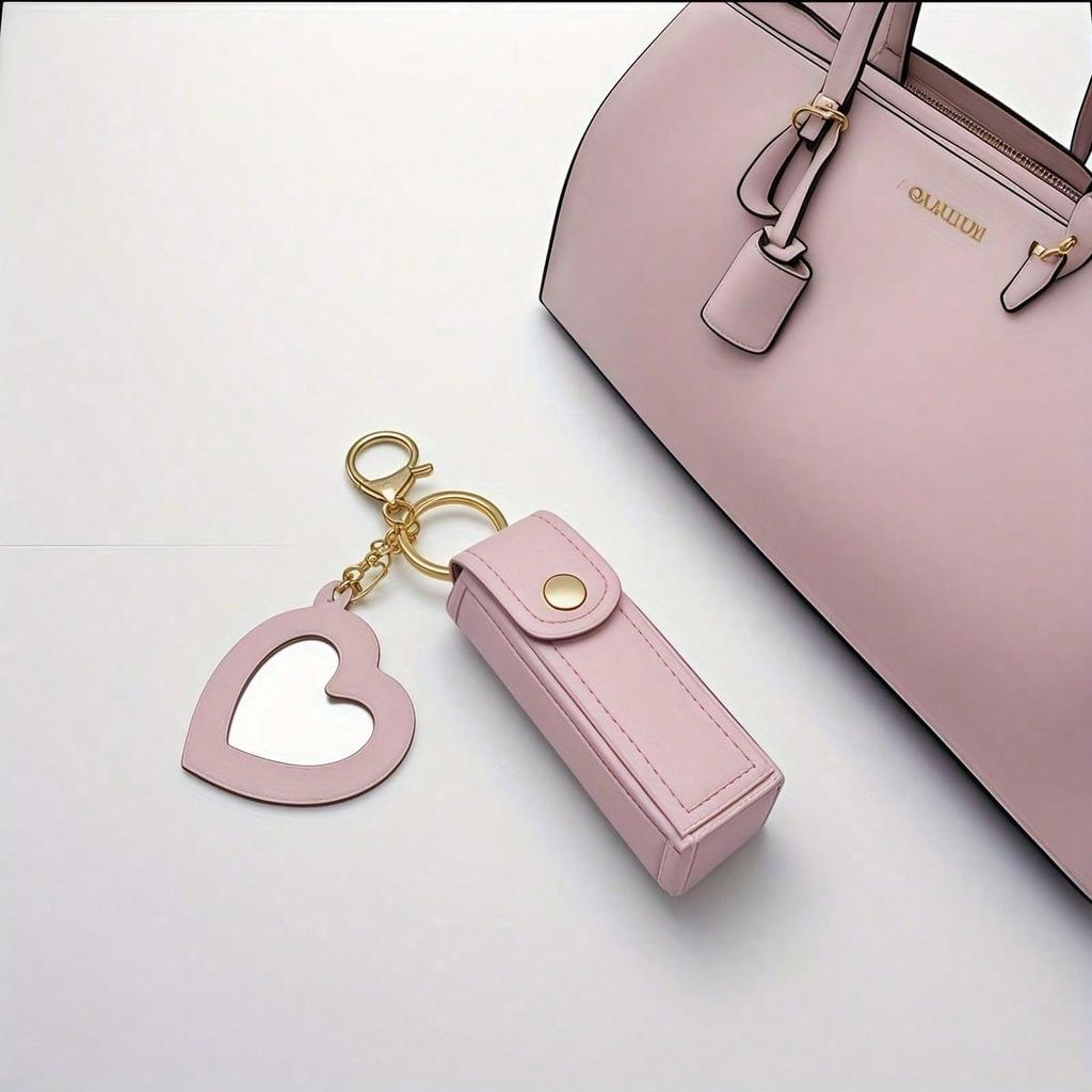 Solid Color Long Lipstick Makeup Bag + Heart-Shaped Small Mirror Pendant] Lipstick Storage Tool, Mini Lip Balm Organizer