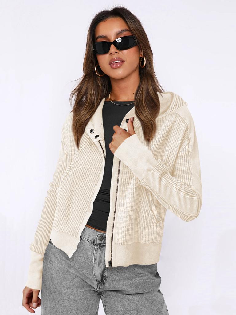 Women's Beige Knit Hooded Zip-Up Jacket with Pockets, Casual Loose Fit Pullover Coat
