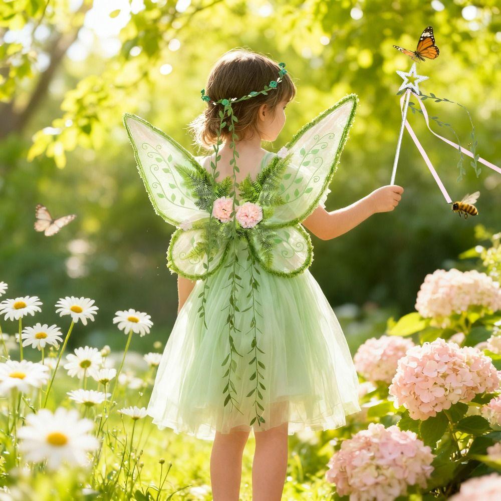 Conjunto de Coroa de Flores e Asas de Fada da Floresta Varinha Mágica Estilo Natureza Fantasia de Fada do Bosque Fantasia para Meninas Adereços de Fantasia para Crianças