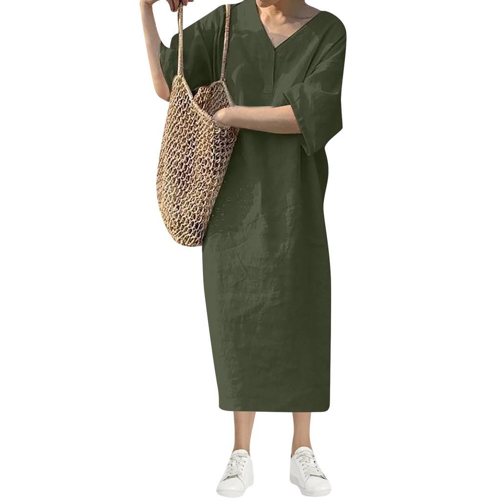 Ladies Summer New Fashion Casual Loose Short Sleeve V-neck Color Long Vest Dress