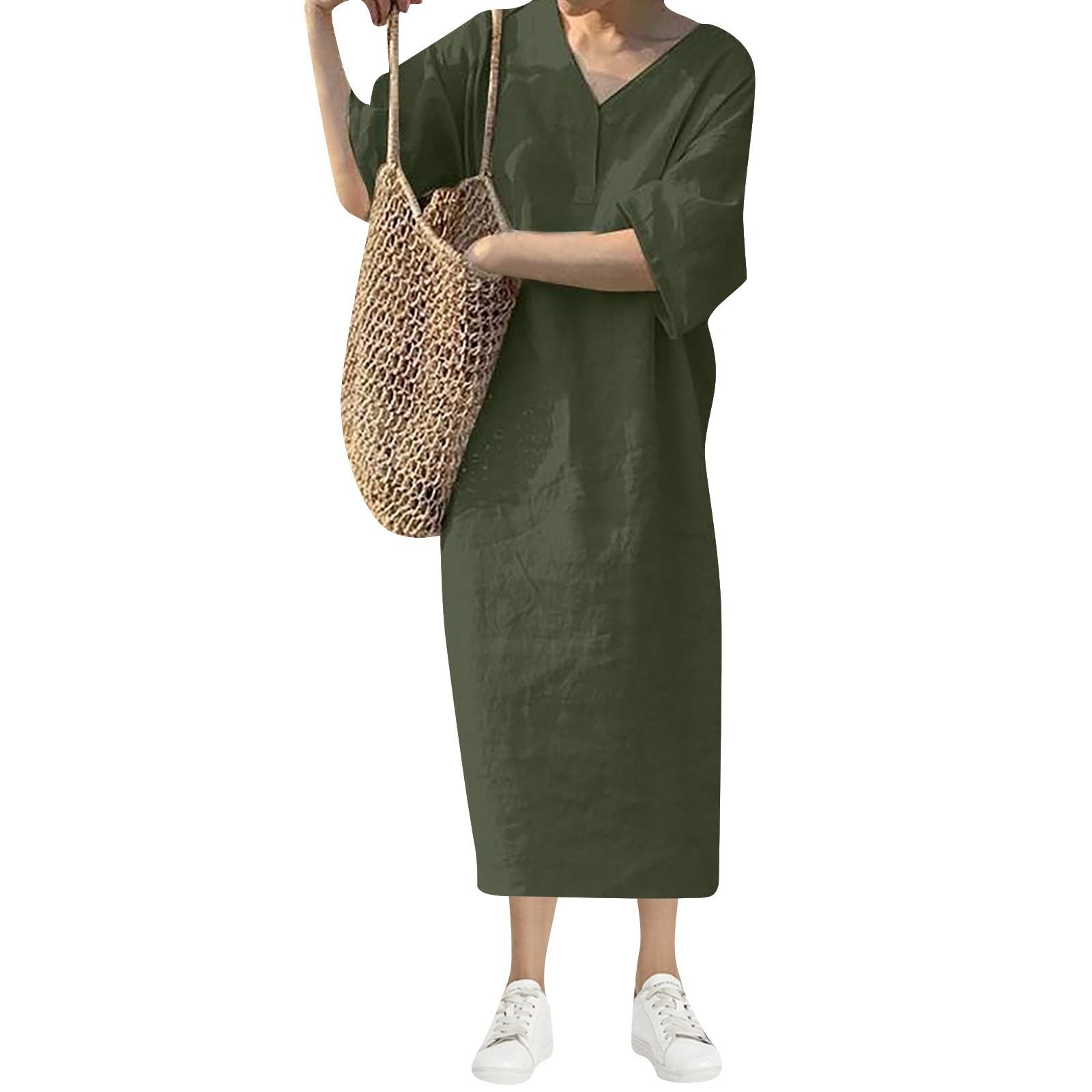 Ladies Summer New Fashion Casual Loose Short Sleeve V-neck Color Long Vest Dress XXXL темно-зеленого