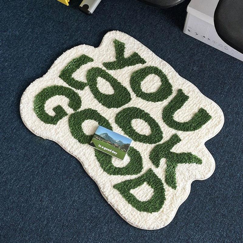

Fluffy Tufted Letter Floor Mat You Look Good Area Carpet Antislip Korean Irregular Lounge Rug Bedroom Chair Foot Pad Decor 40x60cm зелений
