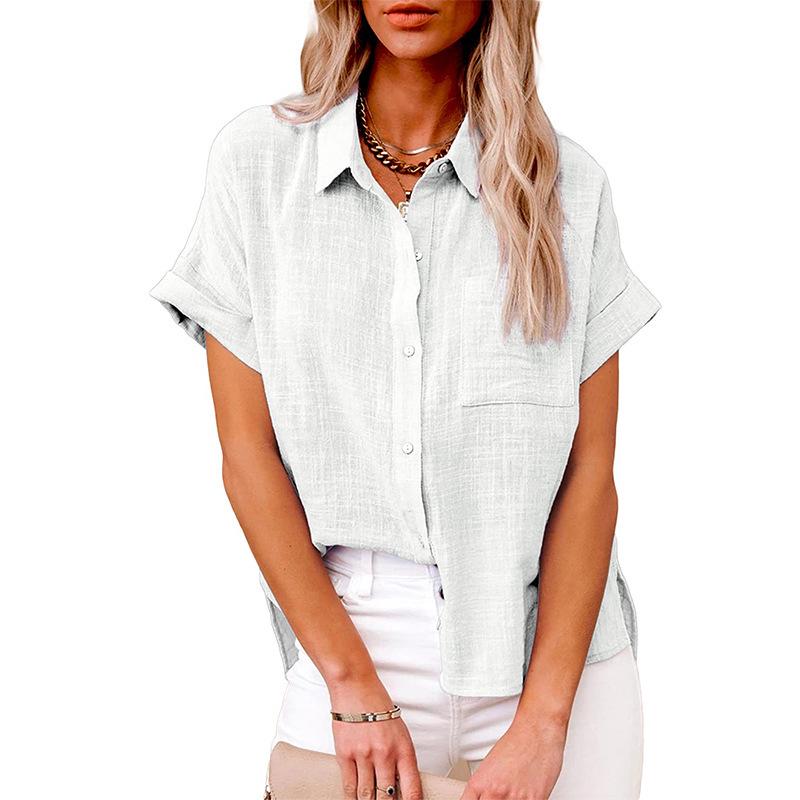 2025 Summer European & American Women's Solid Color Linen Short Sleeve Casual Loose Blouse