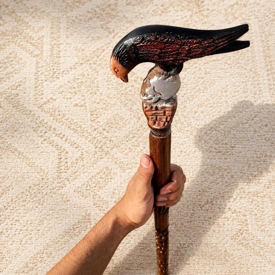 Raven Skull Walking Cane, Gothic Brass Crow Handle Hand Carved Wooden Stick, 93.98 cm Viking Fantasy Steampunk Gift for Him