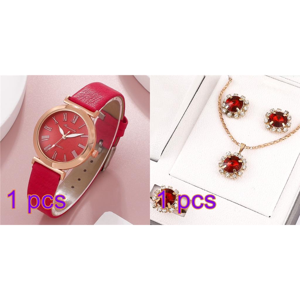 (Set di 4) Set regalo di gioielli di lusso con orologio al quarzo con cinturino in pelle da donna