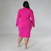 Plus Size European & American Fashion Casual Solid Color V-Neck Long Sleeve Dress
