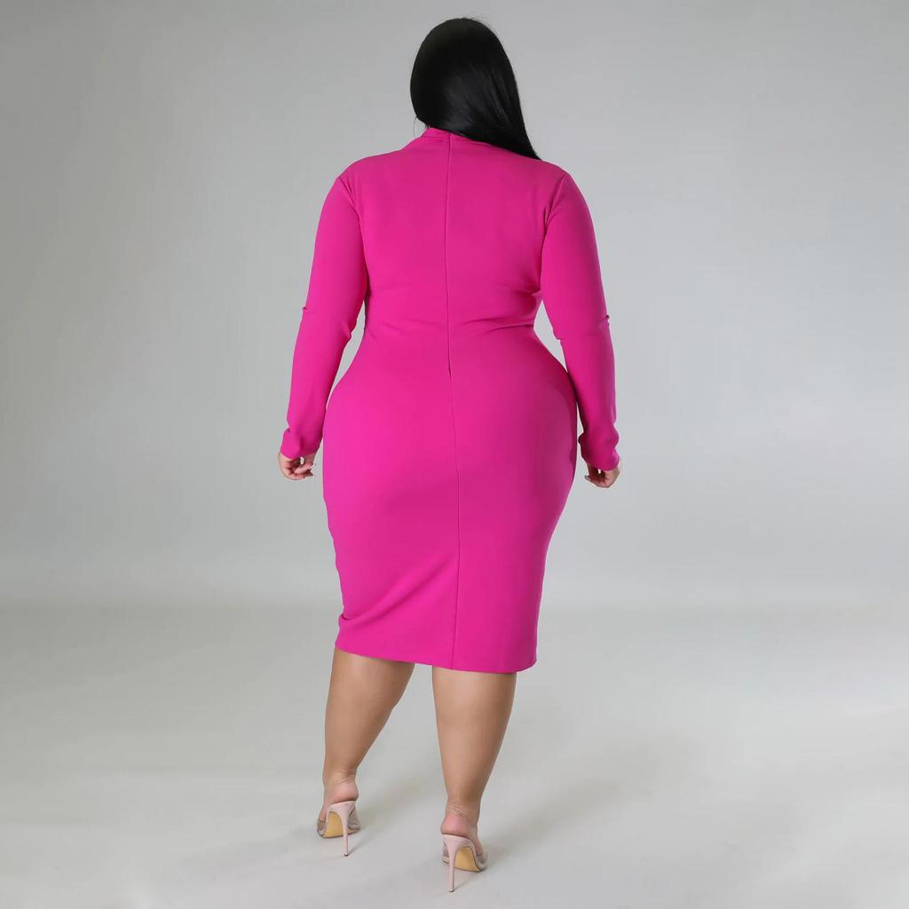 Plus Size European & American Fashion Casual Solid Color V-Neck Long Sleeve Dress