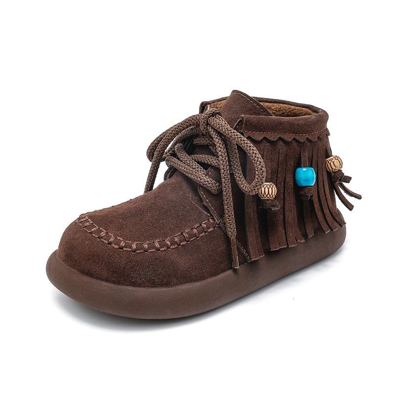 

2025 Girls Retro Style Suede Leather Boots with Beaded Tassel - Autumn/Winter Collection Size 30 - Insole 19.6cm
