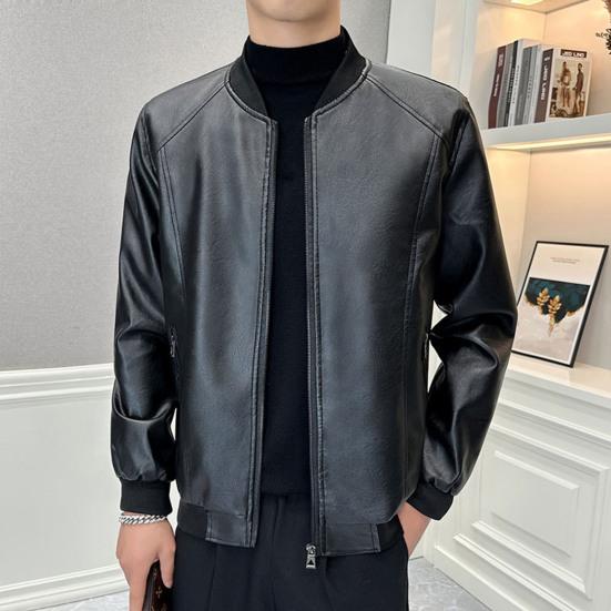 Men's Faux Leather Jacket Slim Fit Zipper Closure Jacket with Baseball Uniform Collar Autumn Winter Warm Jacket for Sports Office Party