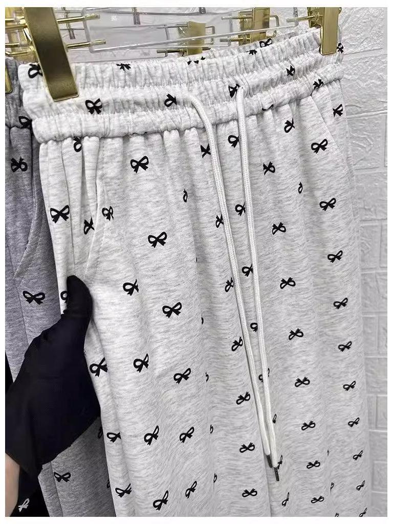 Korean Style Bow Print High Waist Wide Leg Pants for Women - Petite & Slimming, Early Autumn