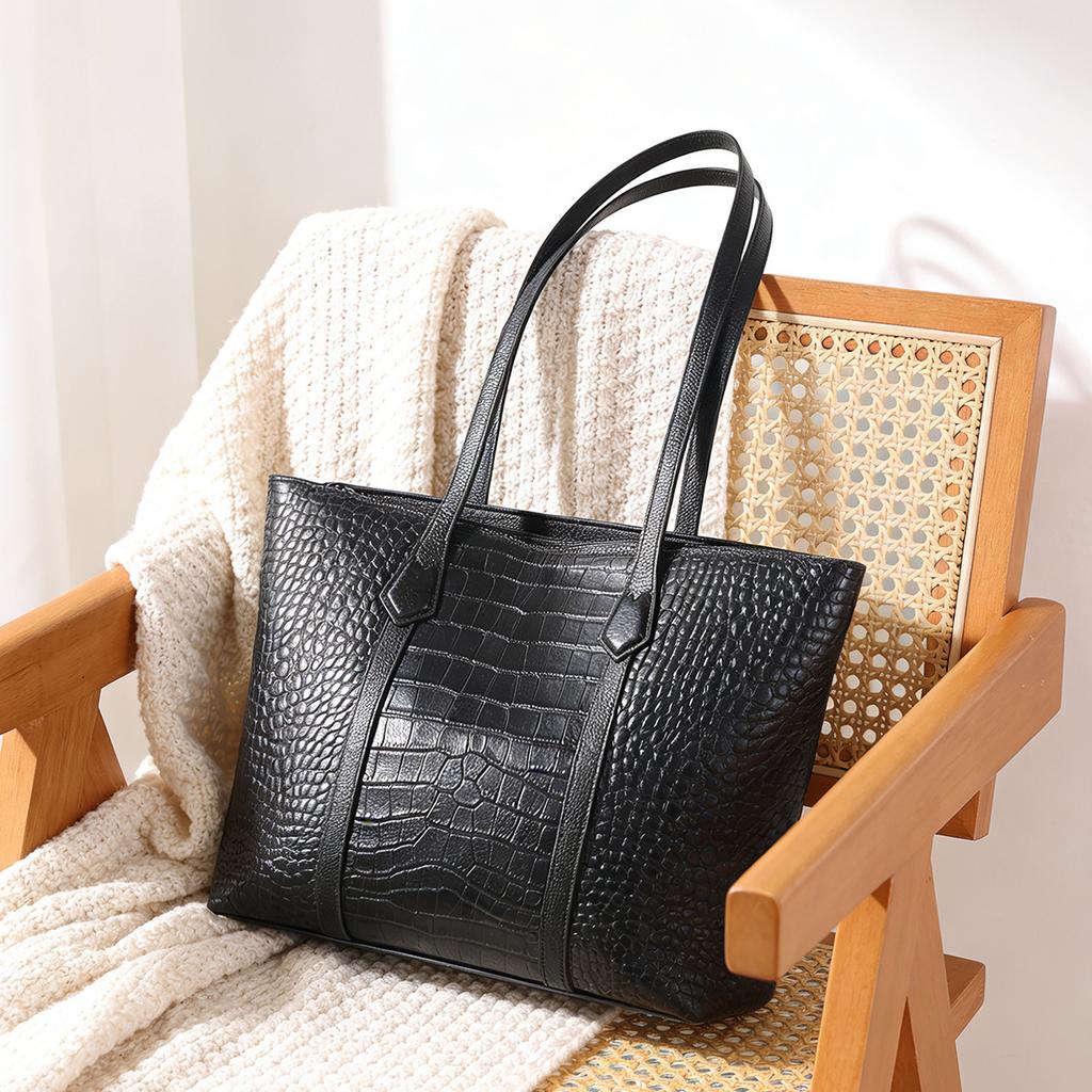 Genuine Leather Crocodile Pattern Bag Large Capacity Women's New Versatile Casual Shoulder Bag High-End Tote Bag