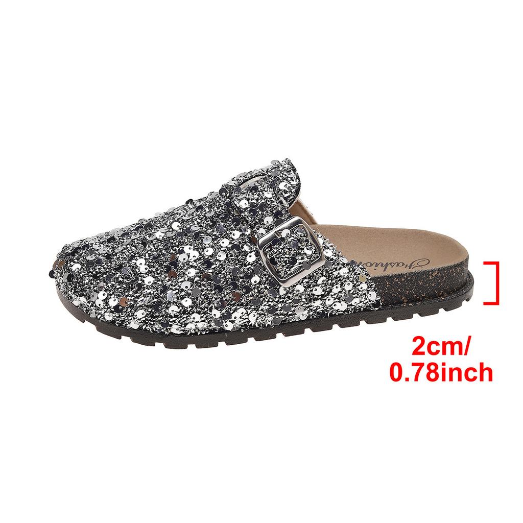 Flat Shoes for Women Clog Sandals Sparkly Slip-On Slippers Cork Footbed Indoor Outdoor Comfort Mules Women's Round Closed Toe Arch Support Slides