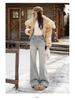Women's High-Waisted Flared Jeans with Fleece Lining, Winter Collection, Pear-Shaped Fit, Slimming, Small Horse Embroidery, Narrow Flare, Relaxed Fit.