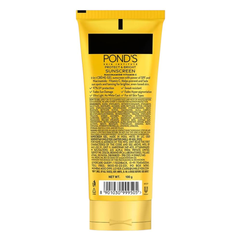 POND'S Sun Miracle SPF 50 PA+++ Crème Gel Écran Solaire 100g Pour le Visage Avec Niacinamide, Sans Trace Blanche, Éclat Lumineux, Estompe les Taches, Absorption Rapide