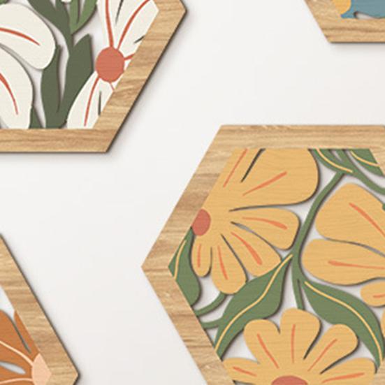 4 Pcs Flowers Wooden Wall Art Decor Hexagon Hollow Out Boho Flower Wall Sculpture Bohemian Farmhouse Hanging Sign for Bedroom Living Room