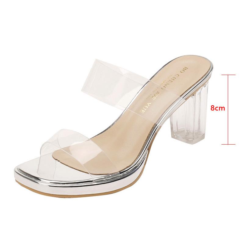 Leather Sheepskin Transparent High-heeled Sandals Women's 2025 New Waterproof Table with Crystal Heel Thick Heel Cool Slippers