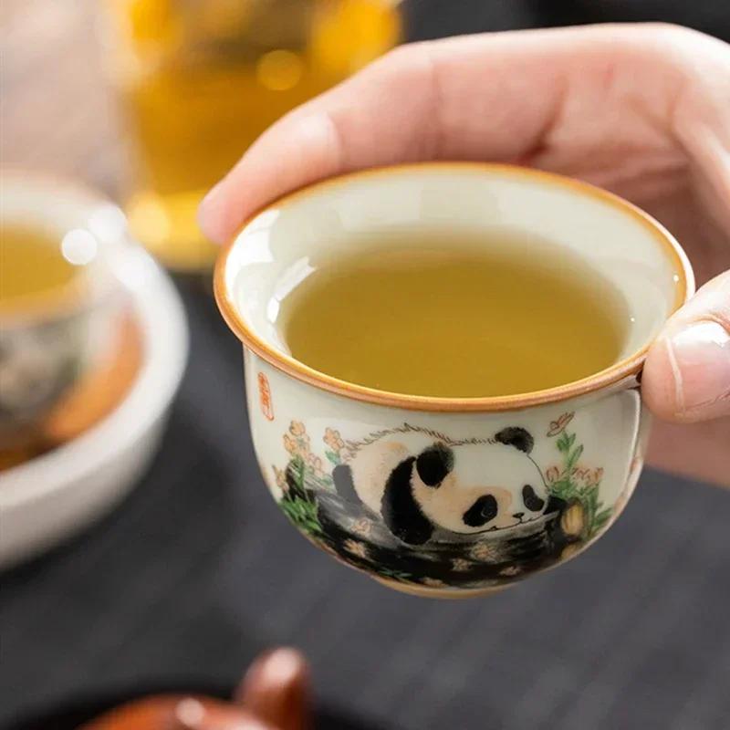 1 Pc Chinese Tradition Ru Kiln Ceramic Tea Cup Hand-painted Cute Pandas Tea Bowl Handmade Teacup Exquisite Household Tea Set