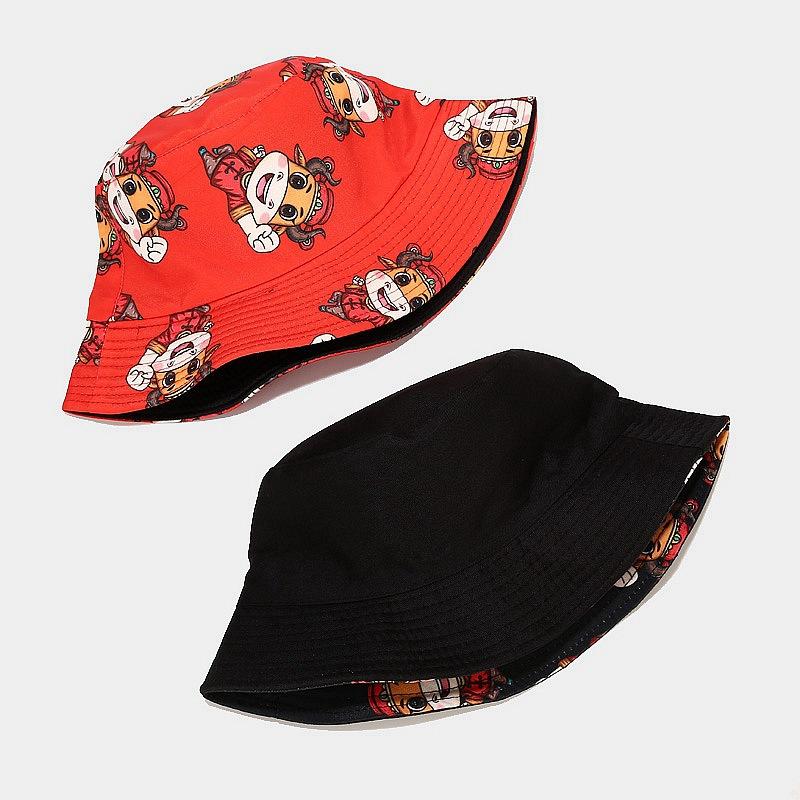 Hats men and women spring and summer new cartoon animal pattern double-sided basin hat outdoor travel sunscreen sunshade bucket hat