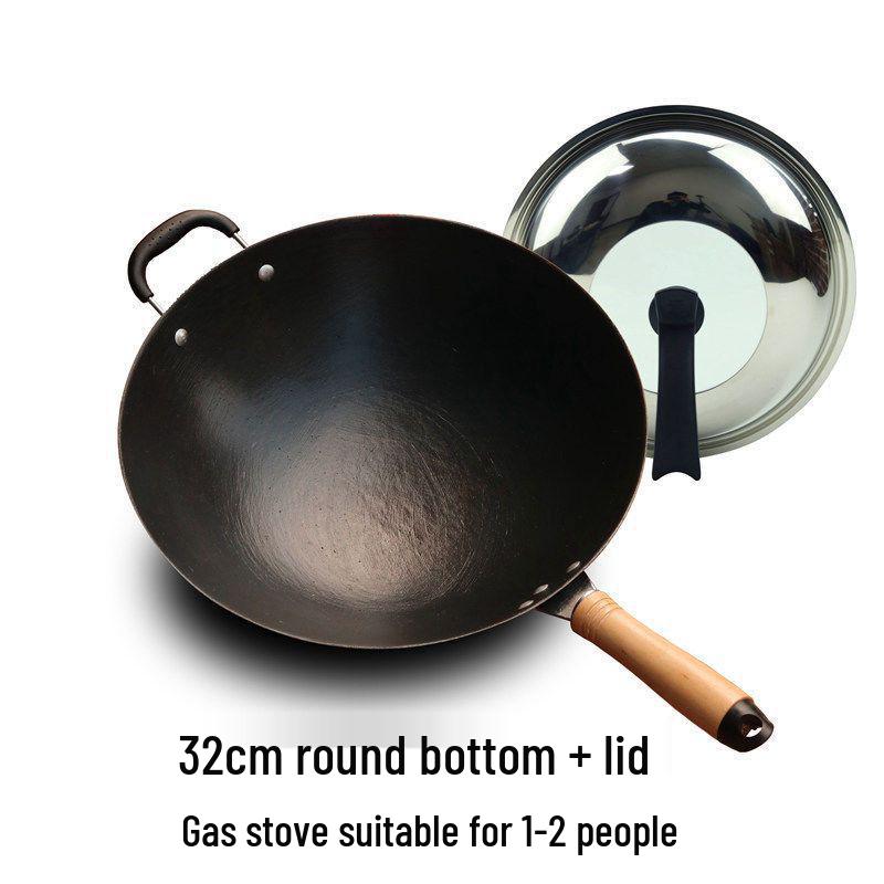 Vintage Uncoated Cast Iron Flat-Bottom Non-Stick Wok, Compatible with Induction & Gas Stoves, Ideal for Rural Household Stir-Fry.