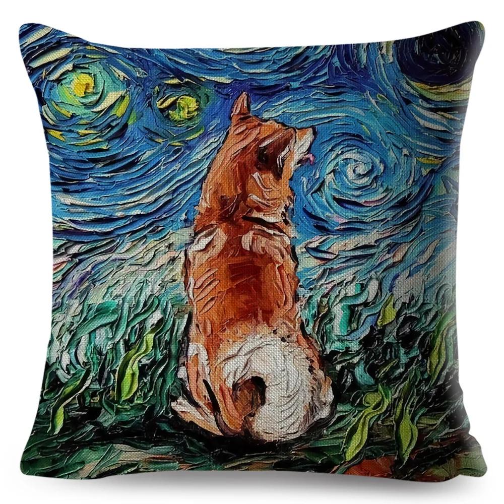 Both Sided Starry Sky Dog Cushion Cover Decor Oil Painting Cartoon Pet Animal Pillow Case for Sofa Home  Linen Pillowcase