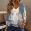 Womens 3/4 Sleeve V Neck Button Detail Geometric Floral Print Tunic Top Casual Lightweight Blouse