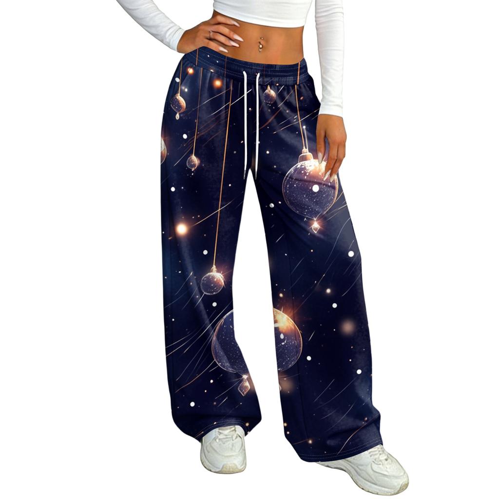 Women's Casual Christmas Print Loose Fit Straight Leg -Lined Pants with Elastic Waist for Winter