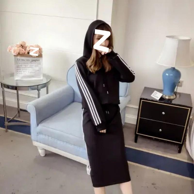 Korean Style Autumn Black Casual Suit Sweatshirt Skirt Fashion Slim Suit Skirt Two-piece Set for Women