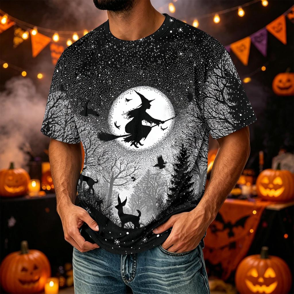 Men's Casual Corduroy Short Sleeve Lightweight Breathable Round Neck Shirt Halloween Print Design Suitable for Everyday Wear