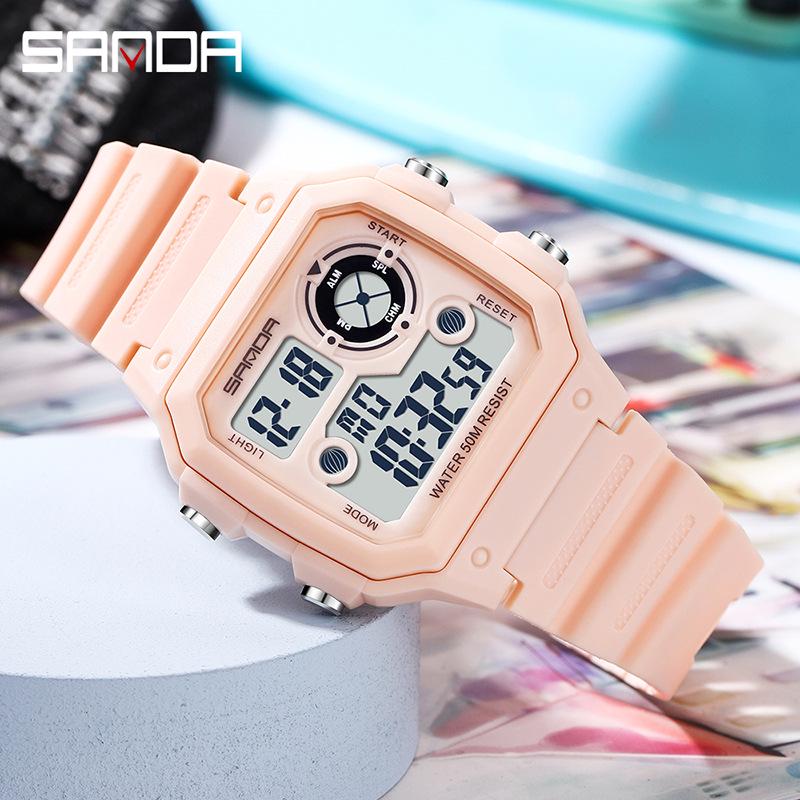 Sanda Unisex Fashionable Square Luminous Multifunctional Waterproof Electronic Watch