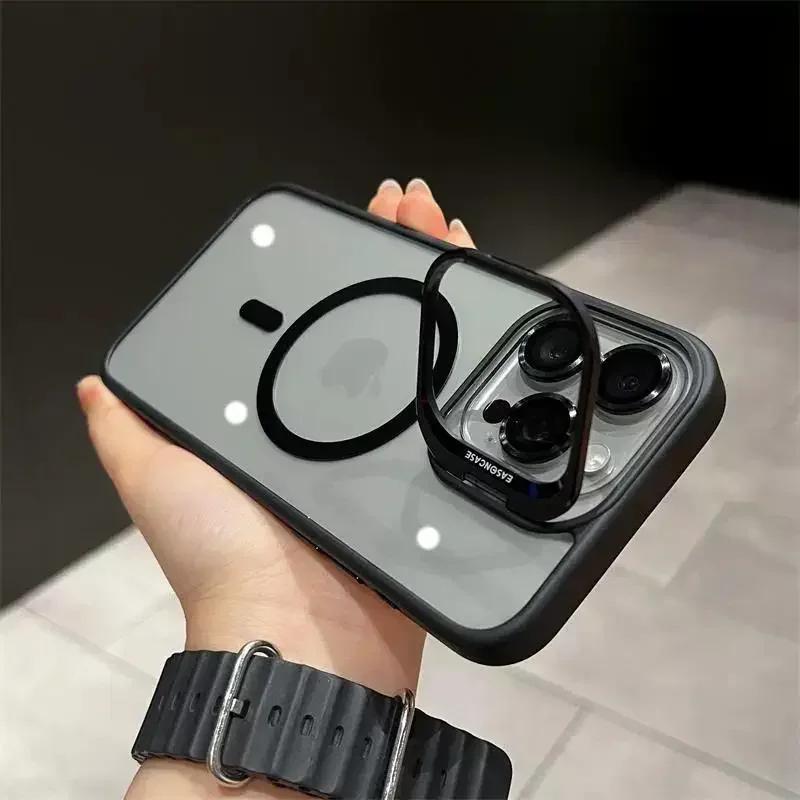 Magnetic Lens Metal Ring Stand Phone Case For IPhone 13 11 12 14 15 Pro Max Lens Glass Film Protection Transparent Magsafe Cover