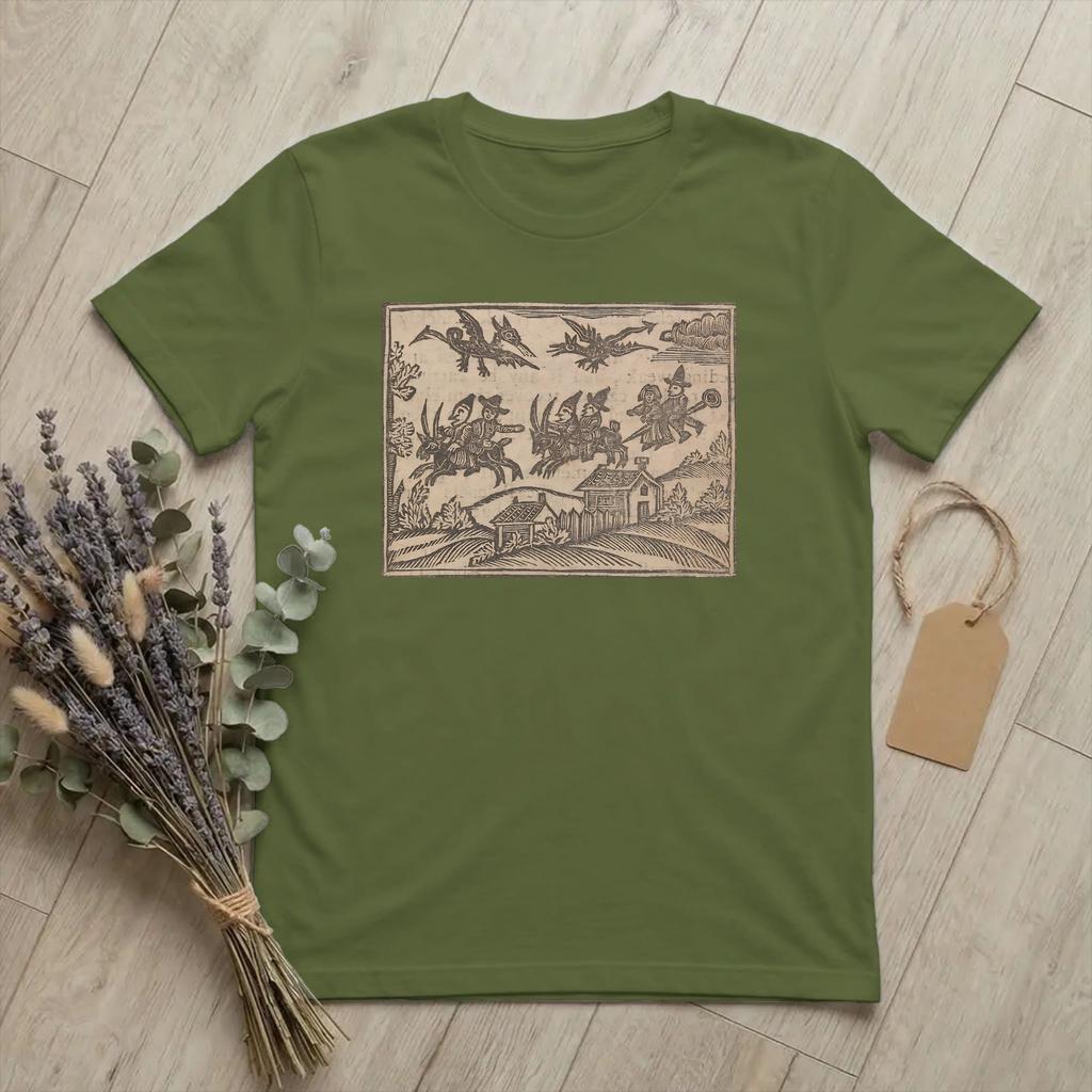 Funny 18th Century European Woodcut Prints TShirts Unisex O Neck Cotton T Shirt Flying Witches Short Sleeve Tee Plus Size Merch