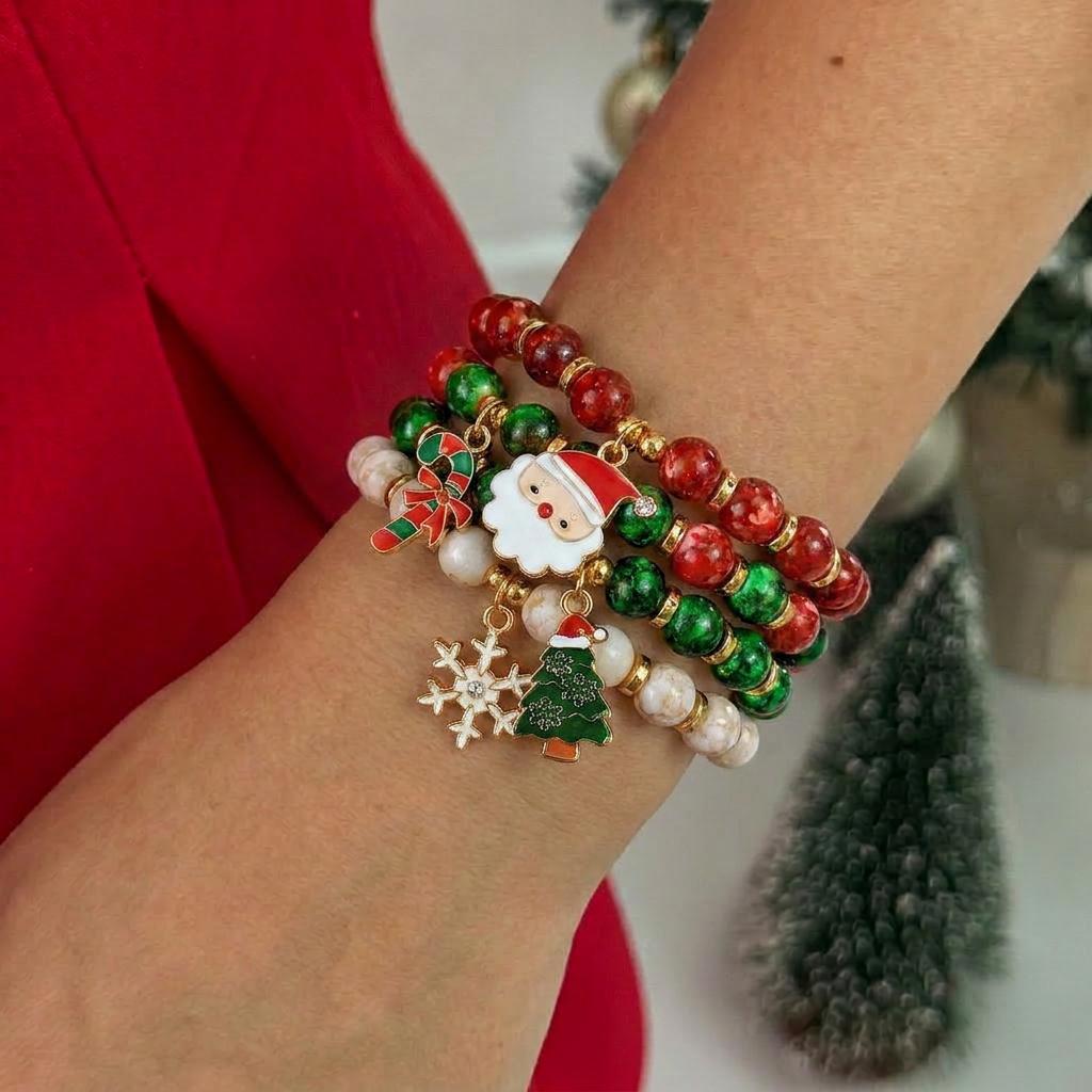 4Pcs/Set Colorful Beads Christmas Bracelet For Women Xmas Tree Santa Claus Elk Snowflake Beaded Bangle Party Jewelry