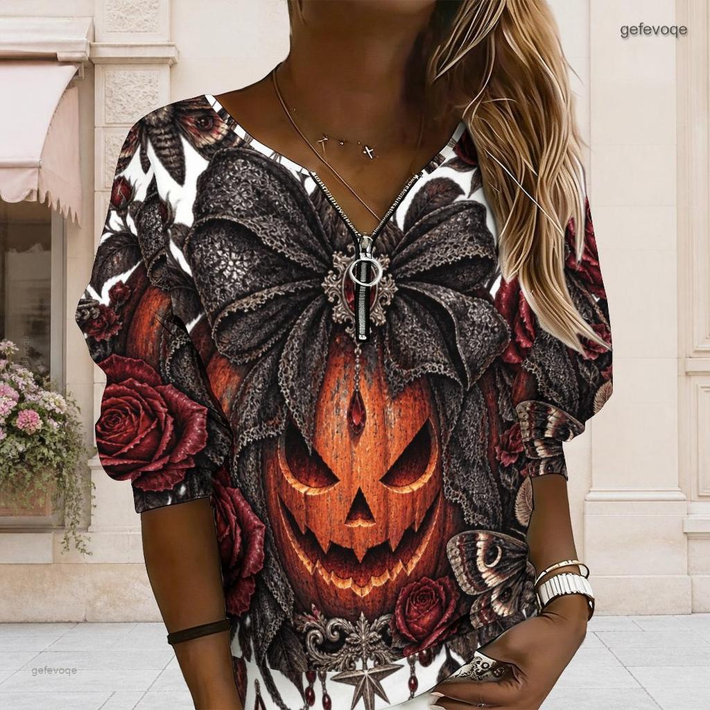 Women Plus Size V Neck Half Zip Long Sleeve Gothic Castle Raven Rose Printed Sweatshirt