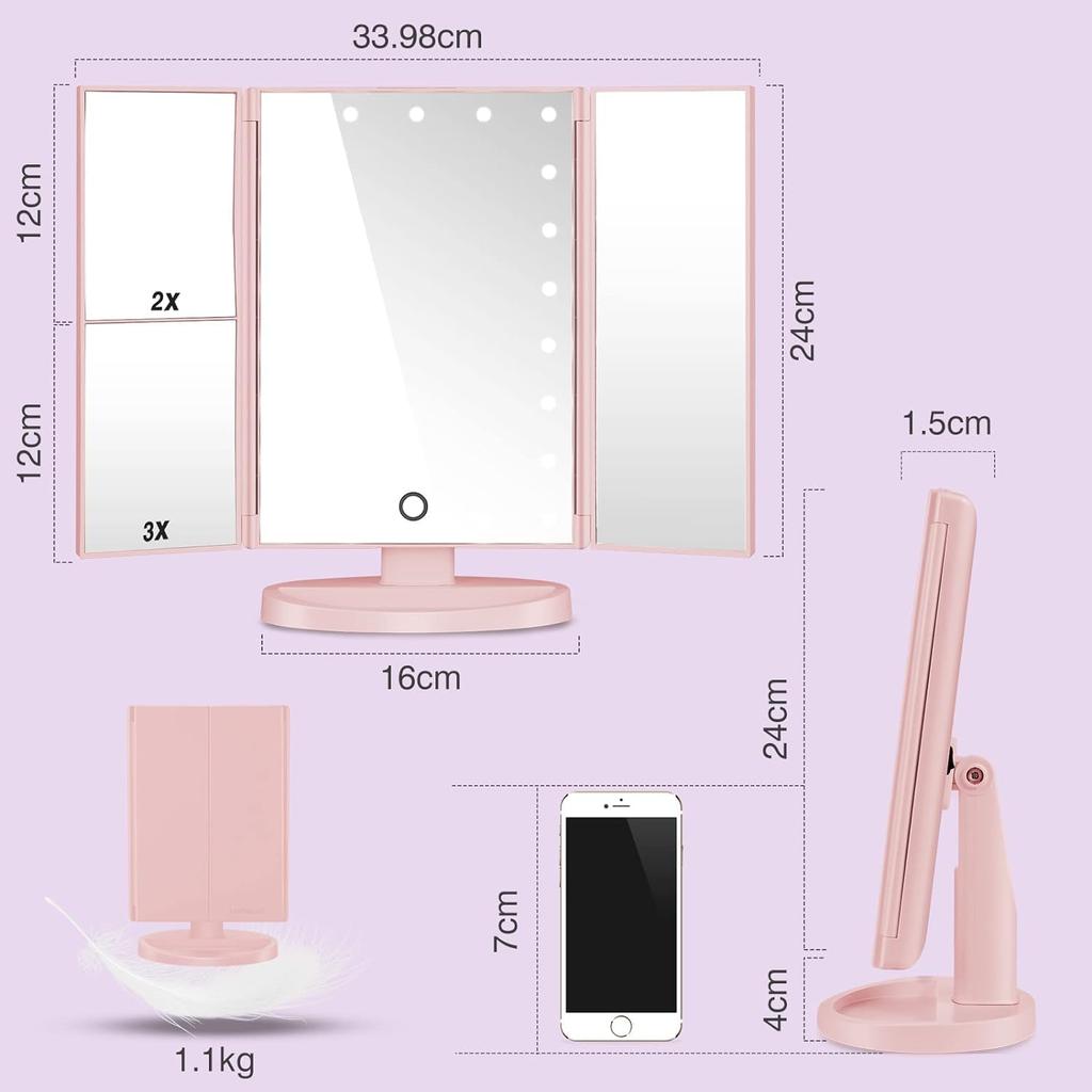 Schminkspiegel mit LED-Lichtern, 3-fache Vergrößerung, Touch-Steuerung, Tragbares faltbares Design, Batterie- und USB-betrieben (Rose