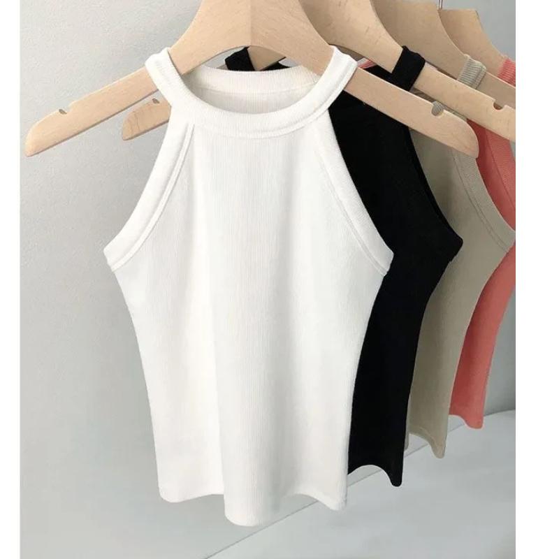 Women s Halter Neck Ribbed Knit Sleeveless Form Fitted Casual Crop Top S