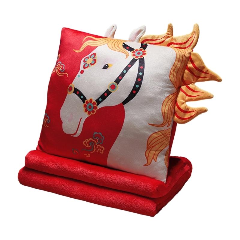 

Chinese Cultural Print Cushion With Horse Pattern PP Cotton Filling Throw Pillow and Blanket Set Living Room Accessory белый