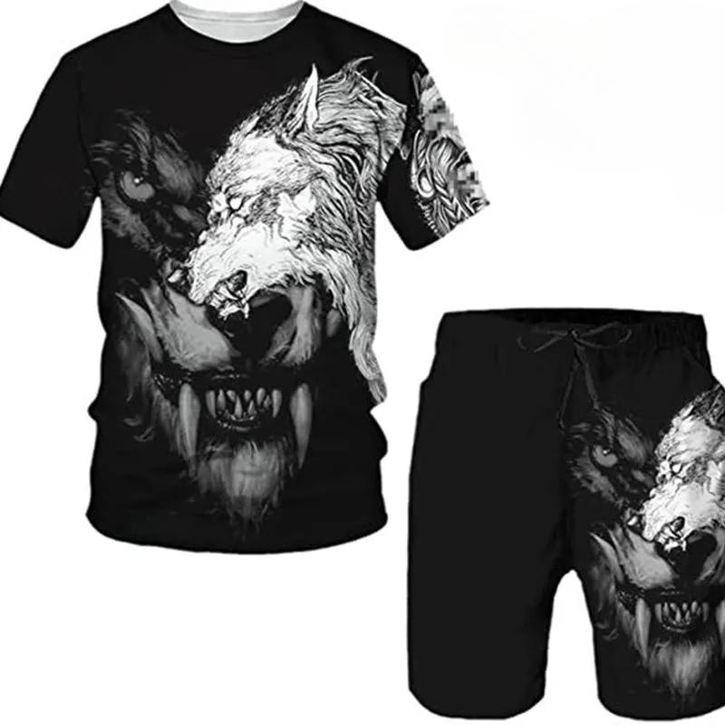 T Shirt & Shorts Sets 2piece Suit for Mens Animal Pattern Print Short Sleeve Tracksuit Leisure 3D Polyester Man's Set