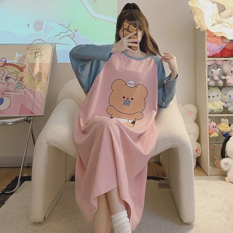 Women's Cute Cartoon Cotton Nightdress - Round Neck, Long Sleeves, Medium & Plus Sizes - Perfect for Spring, Autumn & as Cozy Home Wear