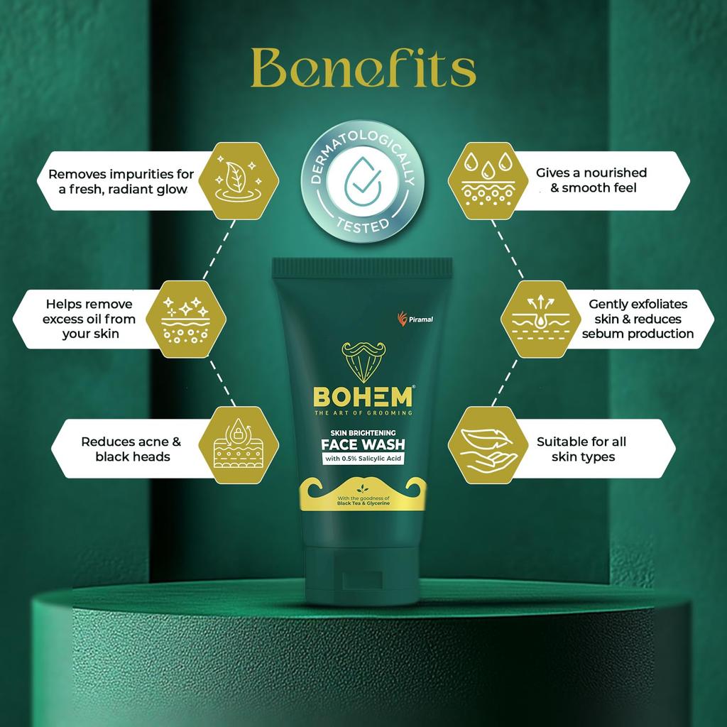 BOHEM Skin Brightening Face Wash for Men 100ml Pack of 1 Anti Acne Glowing Skin Cleanser Black Tea Extract & Glycerine