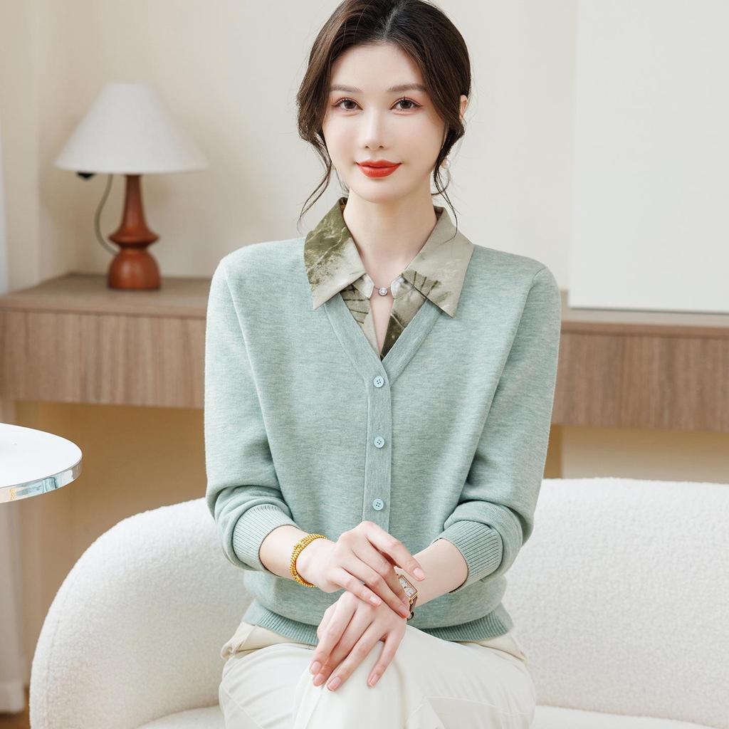 Women's Chiffon Lapel Knitwear Shirt - Long Sleeve, Middle-Aged & Elderly Spring/Autumn Fashion Base Layer Top